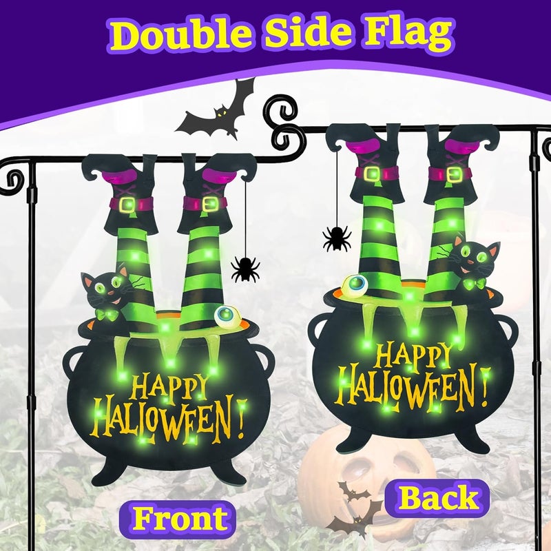 FLAGMESAGE Halloween Lighted Garden Flag for Outside, Witch Feet Shape Flag Yard Decor, 8 Modes Double Sided Cauldron Eyeball Black Cat Outdoor Hlloween Decorations for Home Porch (Green-28x40) - Image 4